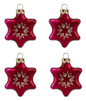 Thüringer Glasdesign Baumschmuck Sterne 4cm 4-TLG. - Burgunderrot mit Sternglitzer - A061-0535-140 - Kugeln in Sternenform We