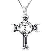 PROESS Triple Moon Goddess Necklace 925 Sterling Silver Tree of Life Cross Pendant Egyptian Jewelry for Women Men