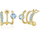 Triple Huggie Illusion Stud Earrings 14K Gold Open Hoop Birthstone Earrings with Cubic Zirconia Dainty Minimalist Huggie Claw Wrap Ear Cuffs Earrings for Women