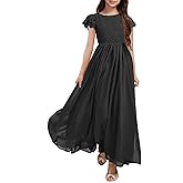 HOSIKA Girls Vintage Chiffon Ruffle Sleeve A-Line Wedding Party Maxi Junior Bridesmaid Dress for Kids 6-12 Years