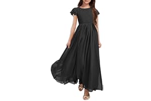 HOSIKA Girls Vintage Chiffon Ruffle Sleeve A-Line Wedding Party Maxi Junior Bridesmaid Dress for Kids 6-12 Years