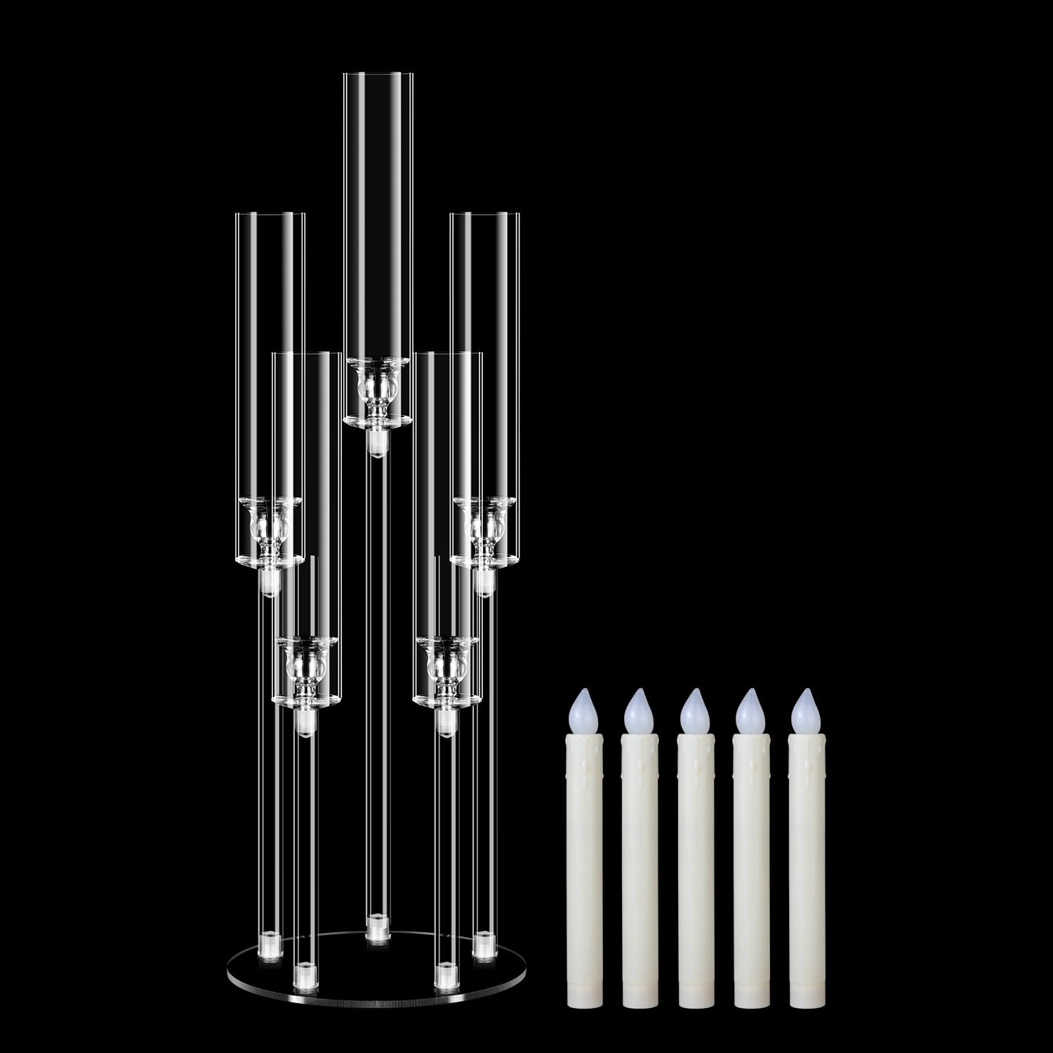 Photo 1 of 1 Set 5 Arm Acrylic Candle Holder with 5 Pcs Candle, Mjkeomo 27'' Tall Candelabra Centerpieces for Tables Clear Candlesticks Holder with Lampshade for Housewarming Gift Fireplace Dinner Decor