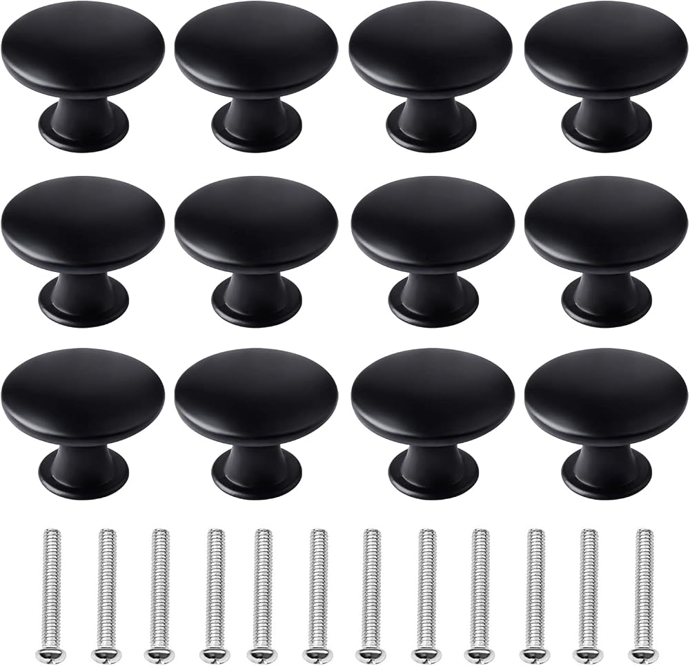 kuou 12 Pcs 30mm Black Matted Round Cabinet Knobs with 12 Screws Included