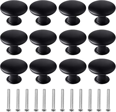 kuou 12 Pcs 30mm Black Matted Round Cabinet Knobs with 12 Screws Included