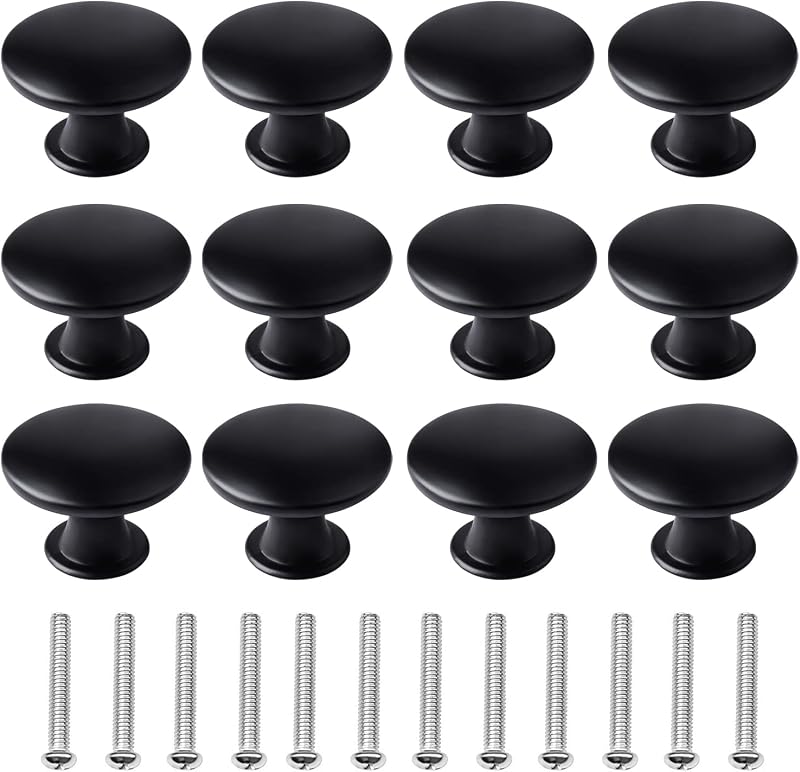 kuou 12 Pcs 30mm Black Matted Round Cabinet Knobs with 12 Screws Included