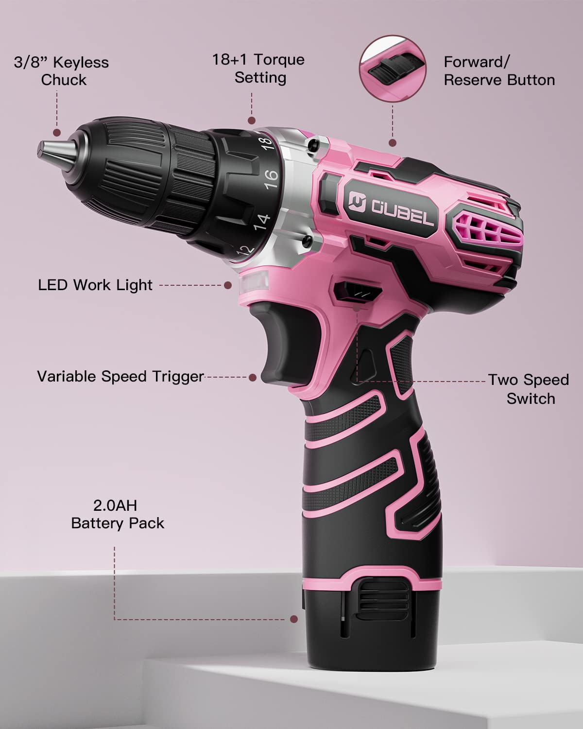 Drill Set, OUBEL 12V Cordless Drill Pink with 42 Acessories, Pink Power Drill Cordless with 3/8