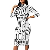 Women Sexy Dresses Bodycon Church 3/4 Sleeve African Print Pencil Party Office Dress Work with Split