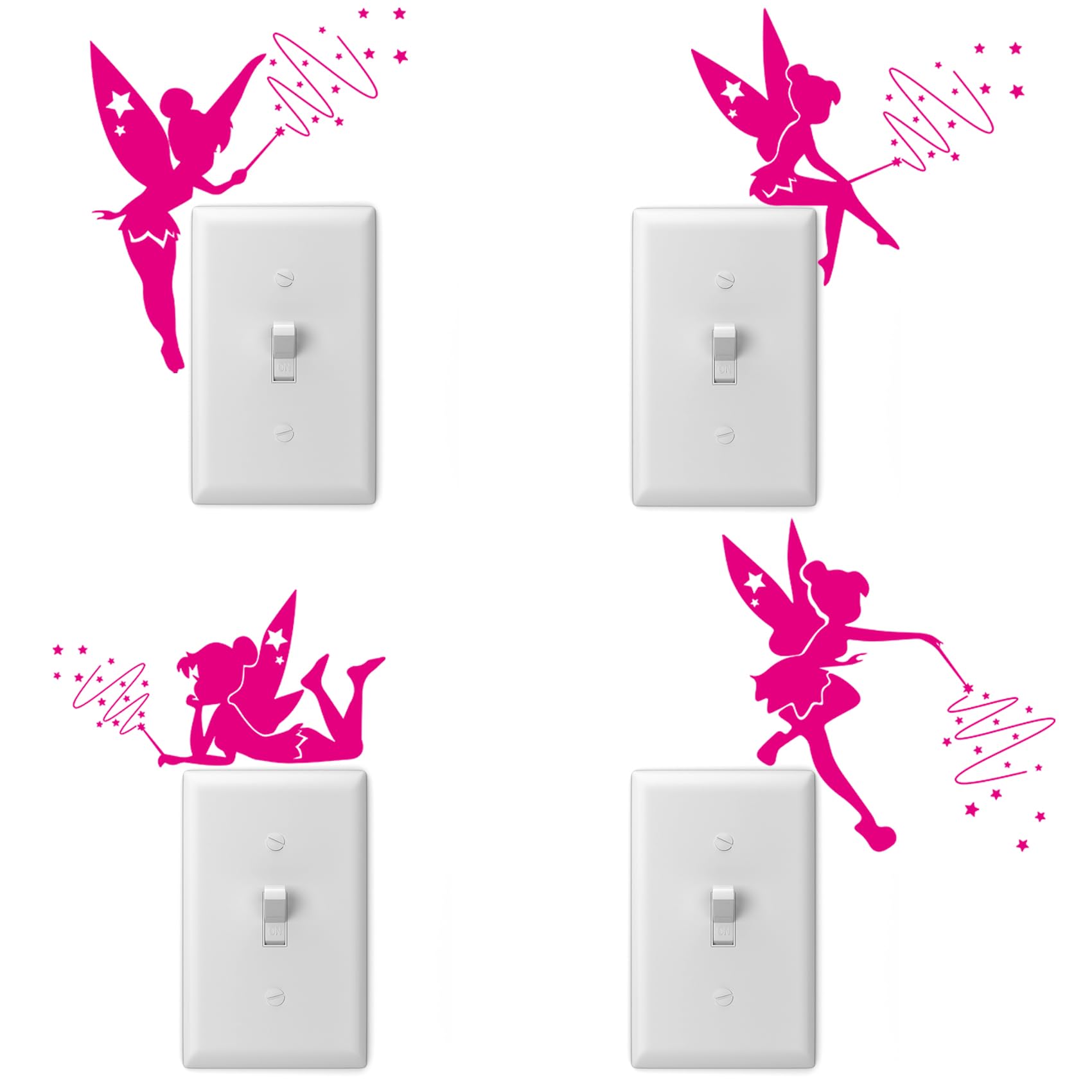 Quanyuchang 4Pcs Tinkerbell Lightswitch Vinyl Decal Sticker, Fairy Sticker for Light Switch, Outlets or Any Ledge, Removable Cute DIY Stickers for Wall Laptop Computer Vehicle Bedrooms Nursery (Pink)