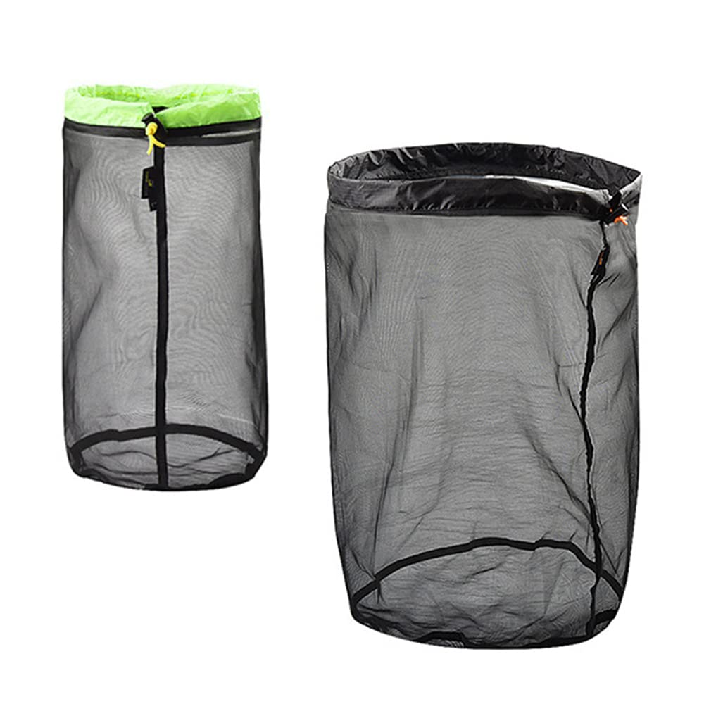 HLIWS Mesh Stuff Sack Drawstring Bag-2Pcs Ultra-Light Net Bags Drawstring,Outdoor Compression Storage Sack,for Camping Hiking(Black Green L+Black XXL)