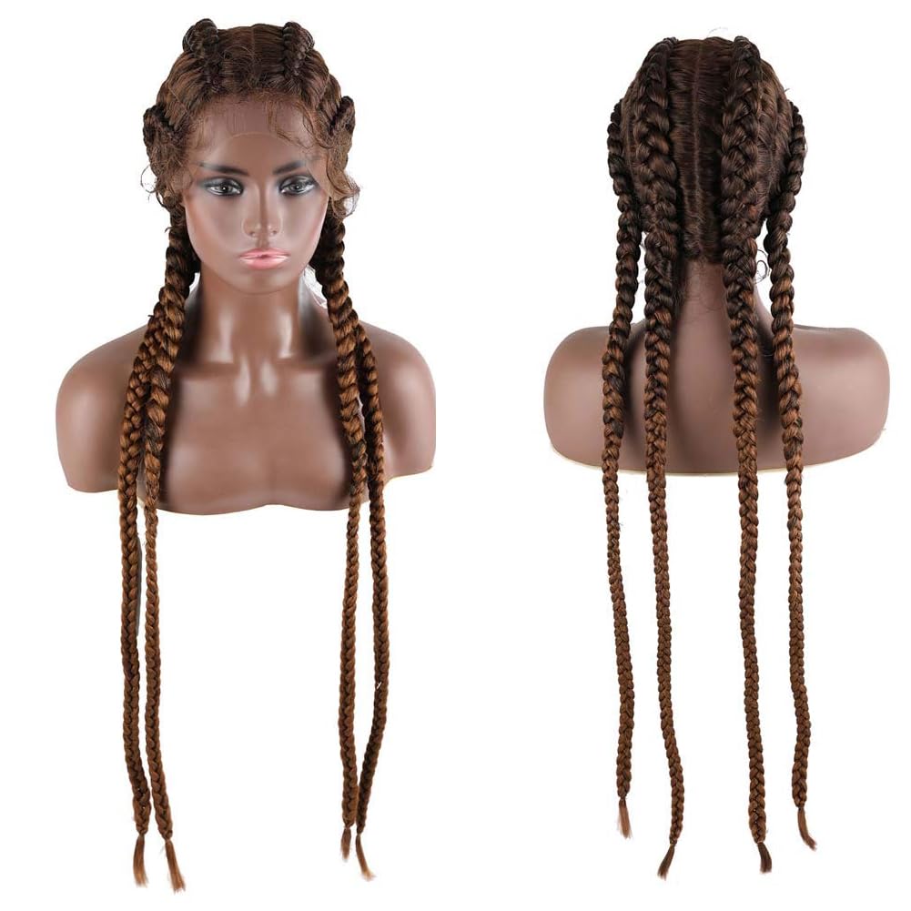 AFBeauty 30Inch Extra Long Brown Braided for Women Synthetic Lace Frontal Braid Wig Hamdmade 4 Twist Braided Heat Resistant Fiber Mixed Brown Wigs Daily Wear