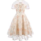 Women Floral Embroidery Dress Sheer Mesh Illusion Vintage Cocktail Swing Dress Wedding Party Prom Tulle Dinner Dress