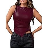 Milumia Women's Faux Pu Leather Crop Tank Top Boat Neck Ruched Asymmetrical Party Club Tops