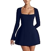 YMDUCH Women's Sexy Long Sleeve Square Neck A-Line Mini Club Prom Dress