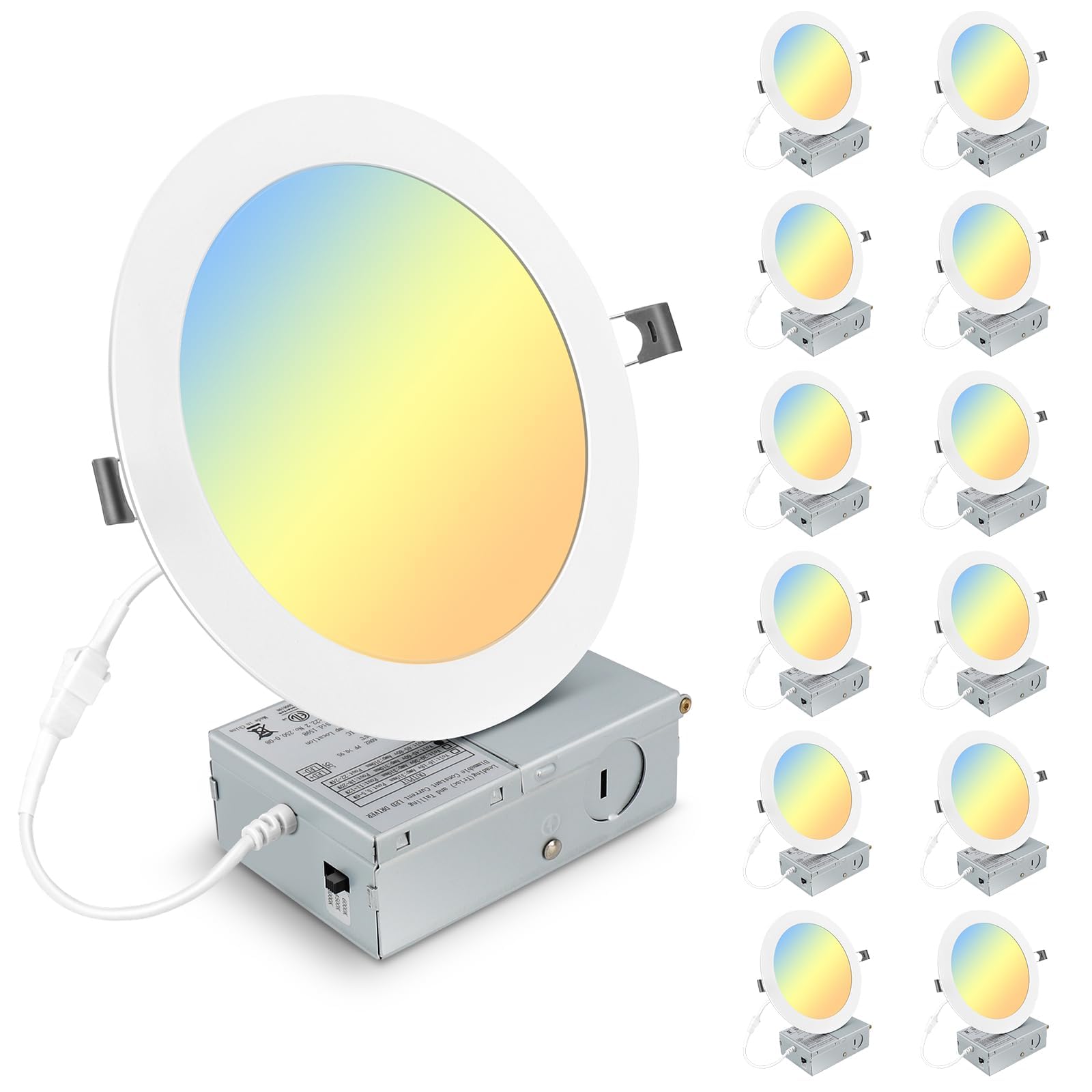 Photo 1 of Elaruslux 12 Pack 7 Inch 3CCT Ultra-Thin LED Recessed Light with Junction Box, 3000K/4500K/6000K Selectable, 18W Eqv 125W, Dimmable Canless Downlight, 1600LM High Brightness
