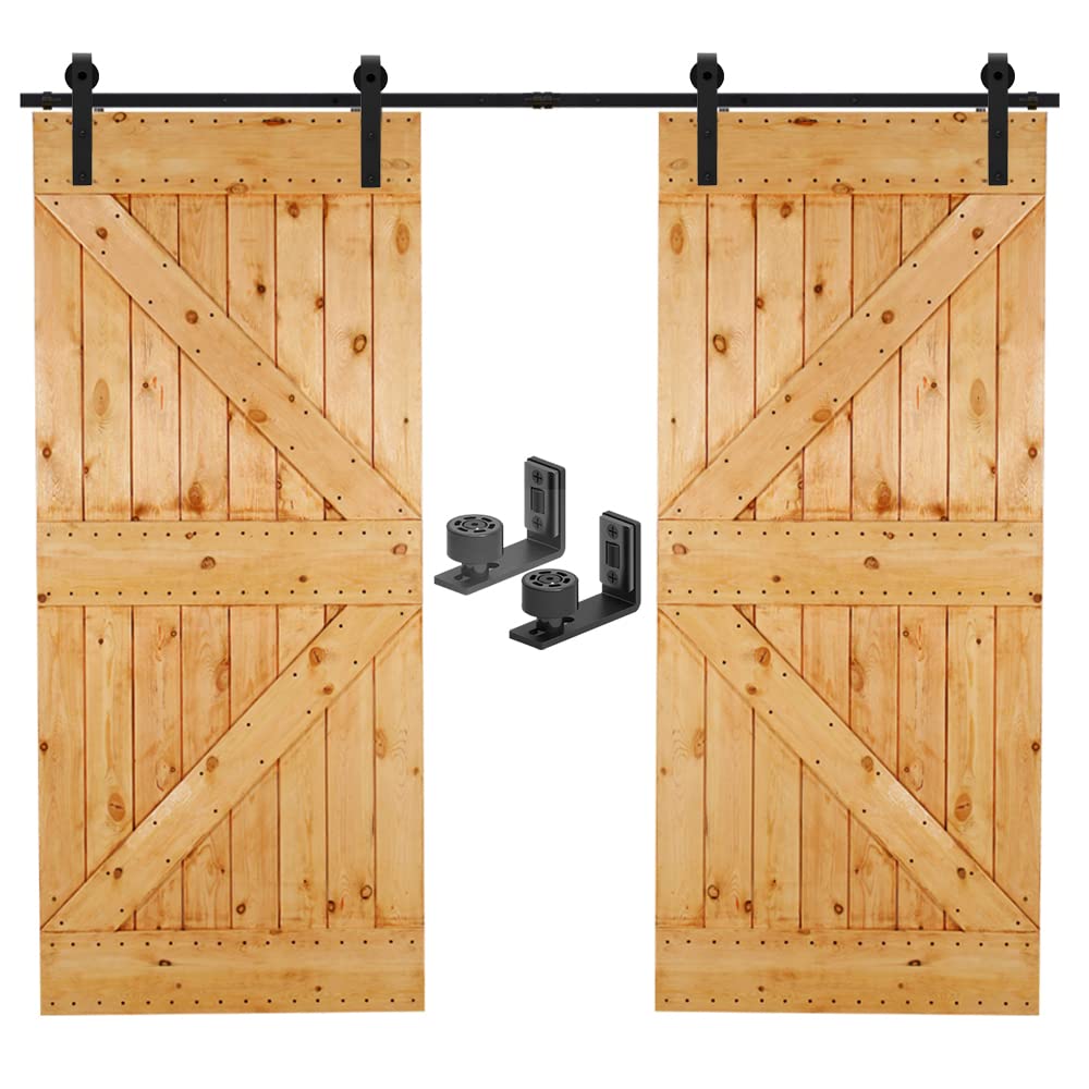 CCJH 6.6FT/200cm Sliding Barn Double Door Hardware Track Kit J Shape Roller Hanger Set with Adjustable Floor Guide
