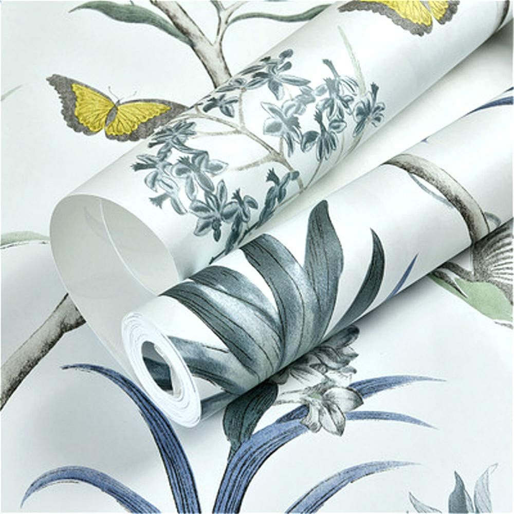 YUELA Chinoiserie Wallpaper Bedroom Wall Covering Modern Vintage Pink Floral Wallpaper Blue Tropical Butterfly Birds Flower Wall Paper,B