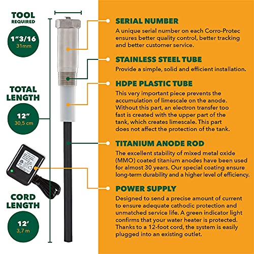 CorroProtec™ Powered Anode Rod for Water Heater, 20Year Warranty