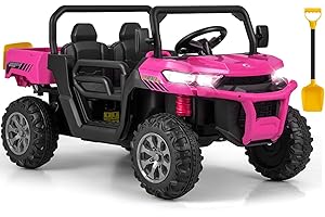 OLAKIDS 2 Seater Ride On Car, 12V Off-Road UTV Electric Vehicle with Remote Control, Dump Bed, Extra Shovel, Music, USB, AUX, Rocking Function, Kids Toddlers Battery Powered Truck (Rose)