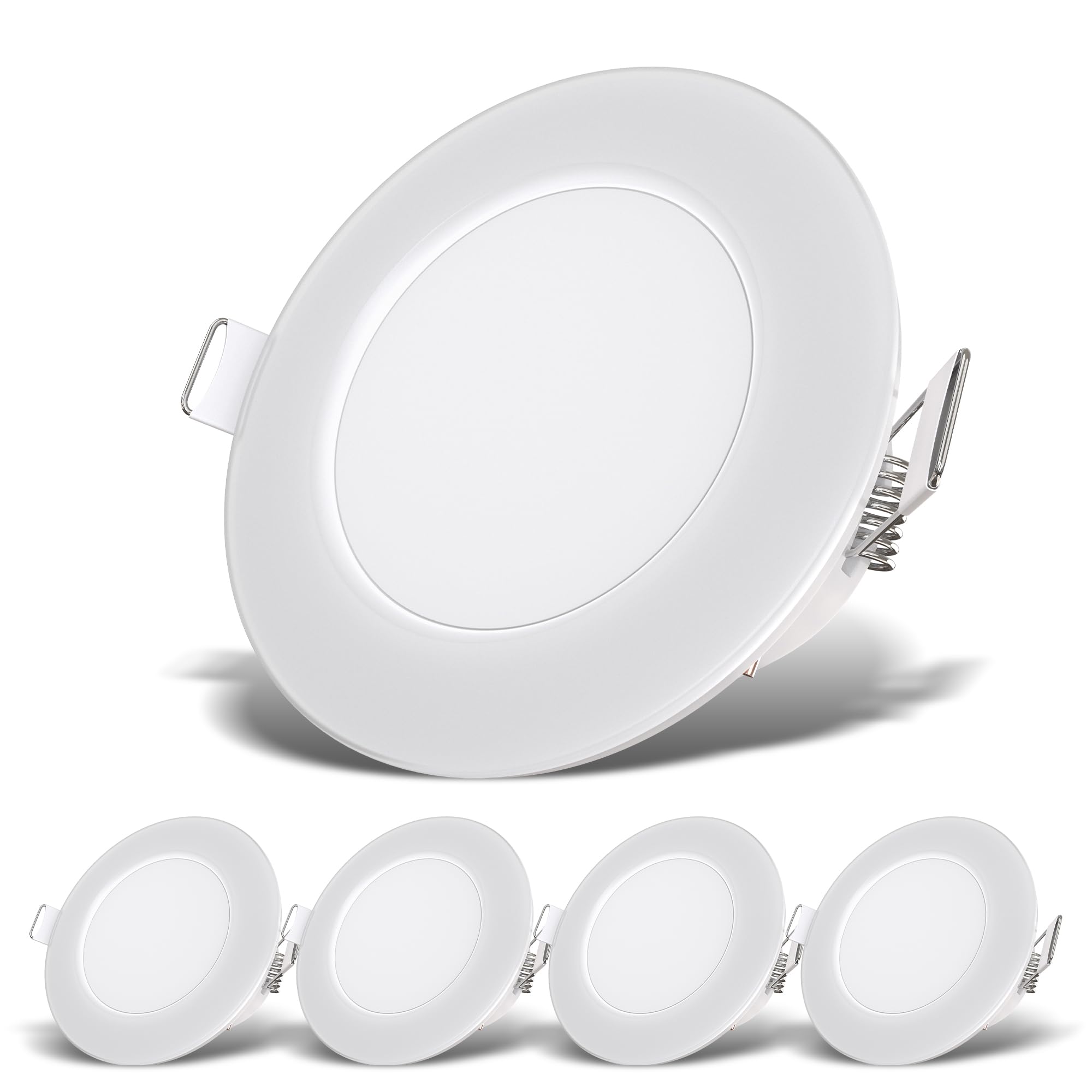 B.K.Licht I Set of 5 recessed spotlights I White I IP65 Waterproof I Ultra Flat 1.1in I Ø Cut Out 2.6in I Ø ext. 3.3in I 3W 350lm per spot LED I Neutral White Light 4000k I spotlights for Bathroom