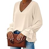 LYANER Women's Casual V Neck Tiered Ruffle Bell Long Sleeve Blouse Shirt Tunic Top