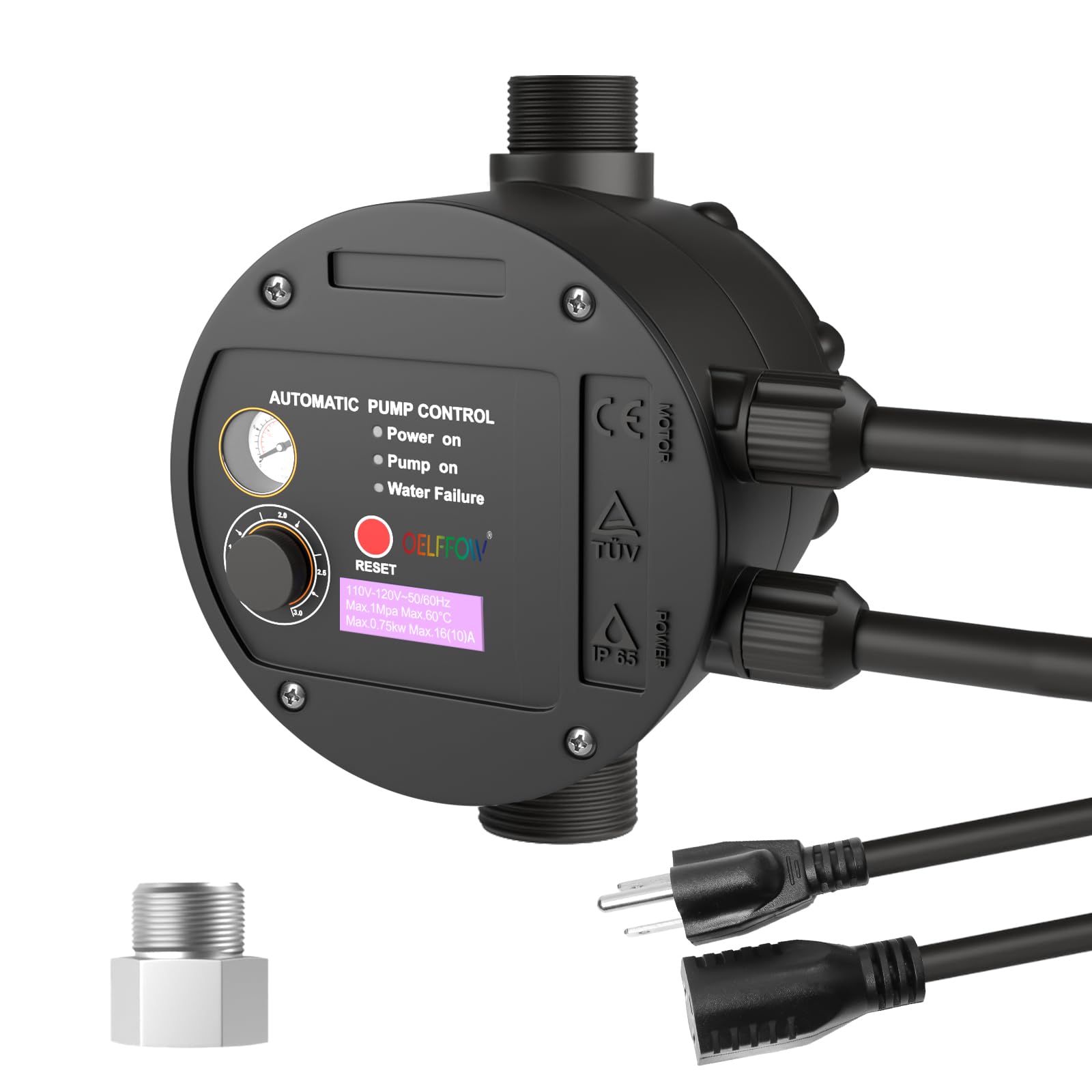 Photo 1 of OELFFOW IP65 Automatic Pump Controller Rotary Adjustment with a Metal Pump Connector, BSPP G1 Threaded Interface, Automatic Electronic Switch Control Water Pump Pressure Controller, 110V-120V, TÜV, CE
