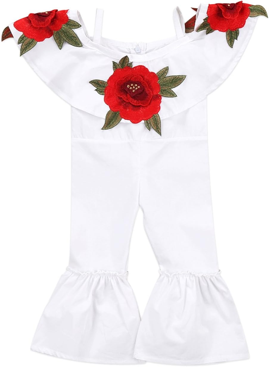 Baby Girls Off Shoulder 3D Rose Romper Halter Jumpsuit Bell-Bottomed Pants Summer Cotton Clothes
