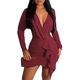GarRela Women's Bodycon Sexy Ruched Wrap Dress Long Sleeve Deep V Neck Elegant Cocktail Mini Dresses