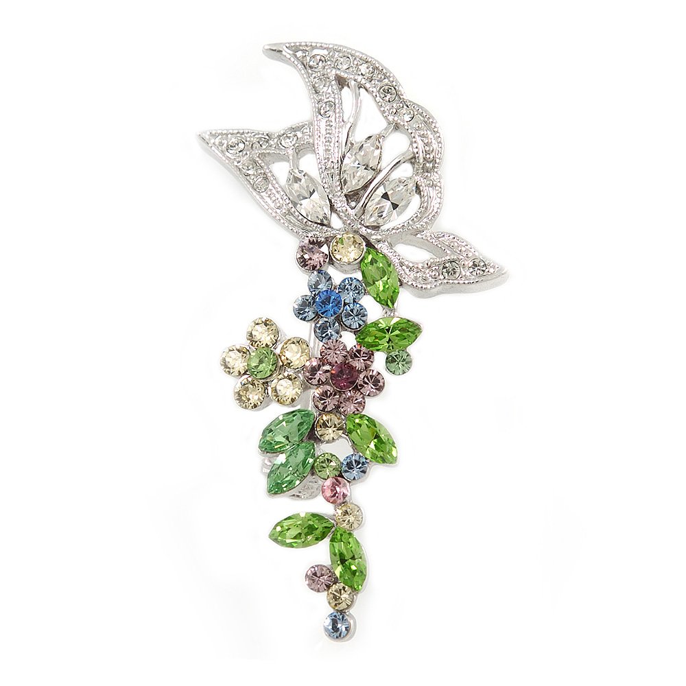 Multicoloured Crystal Butterfly and Flower Motif Brooch In Silver Tone Metal - 45mm L