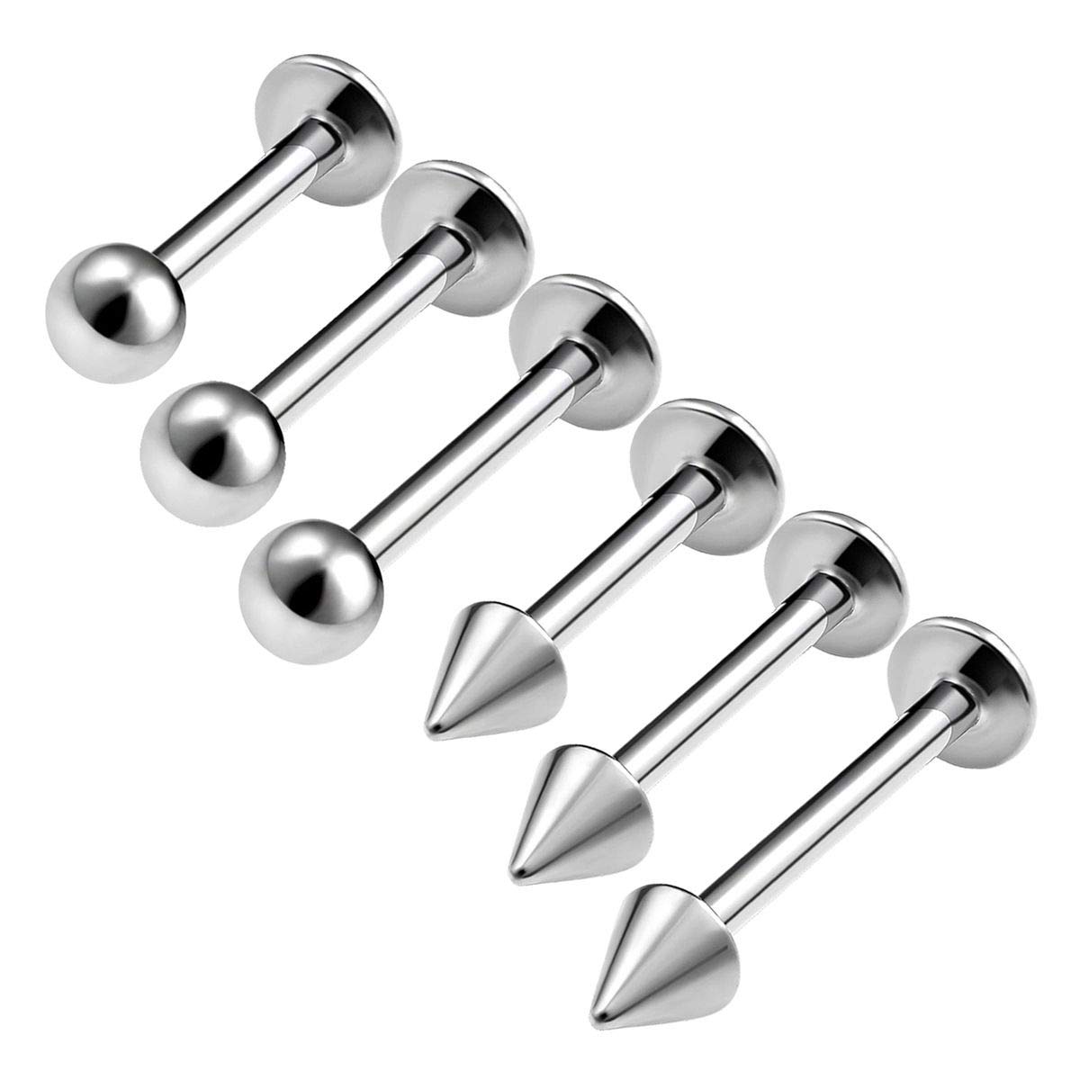 KJM FASHION 6PCS Stainless Steel Labret Lip Rings 16 gauge 6mm 8mm 10mm 3mm Ball Spike Medusa Earrings Cartilage Piercing Jewellery 0246