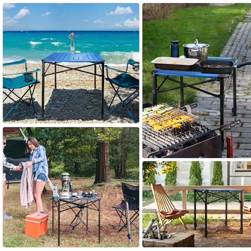 VILLEY Folding Table with Carry Bag, Portable Aluminium Folding Table, Height Adjustable Camping Table, Camping Table for Picnic, Fishing, Camping, Beach and Extrior, 70 x 70 x 78 cm