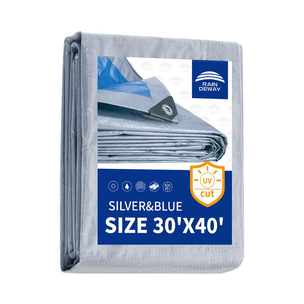 Photo 1 of RAINDEWAY Large Tarps Waterproof 30x40 Feet 5.5 Mil Thick, Multipurpose Waterproof Poly Tarp Cover for Emergency Rain Shelter,Silver/Blue Tarp Finished Size