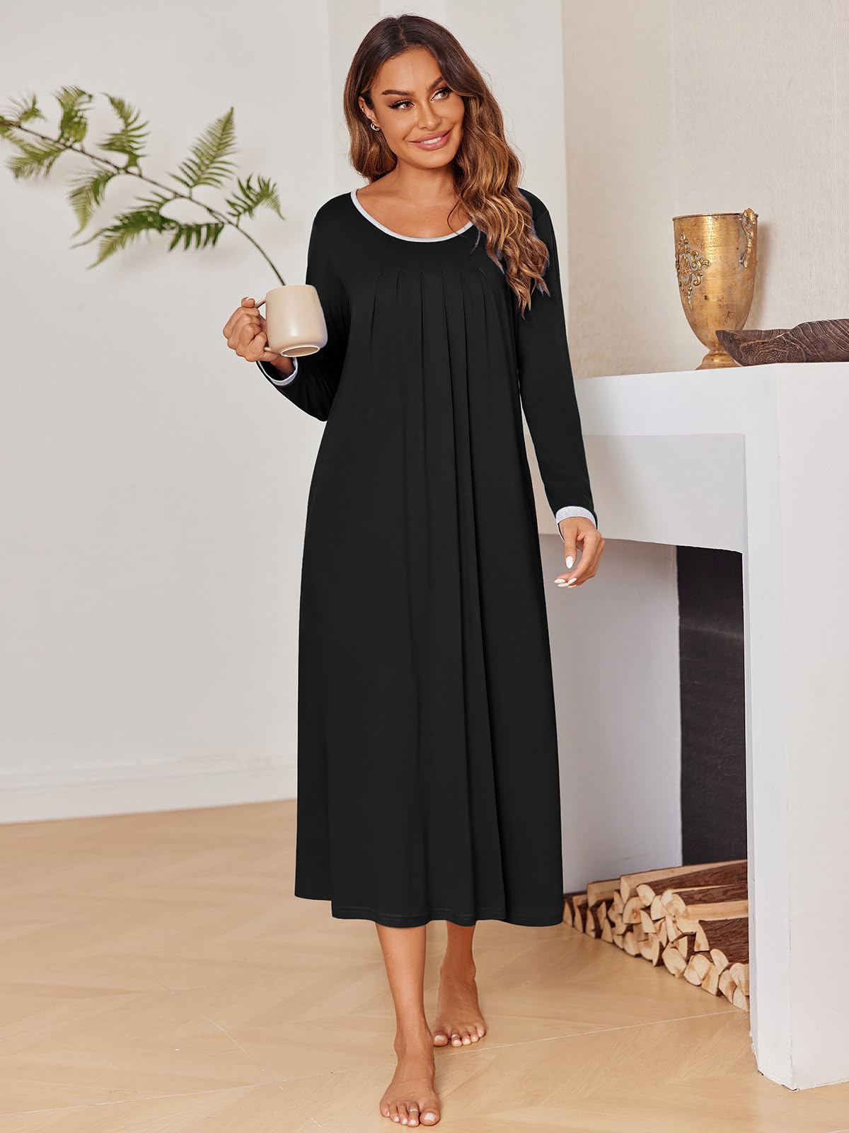 Ekouaer Long Nightgown Loungewear Women\'s Nightshirt Full Length Sleepwear Comfy House Dress with Pocket Black