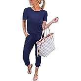 KIRUNDO Jumpsuits for Women Summer 2026 Casual Short Sleeve One Piece Outfits Drawstring Waist Long Pants Romper Jumpers