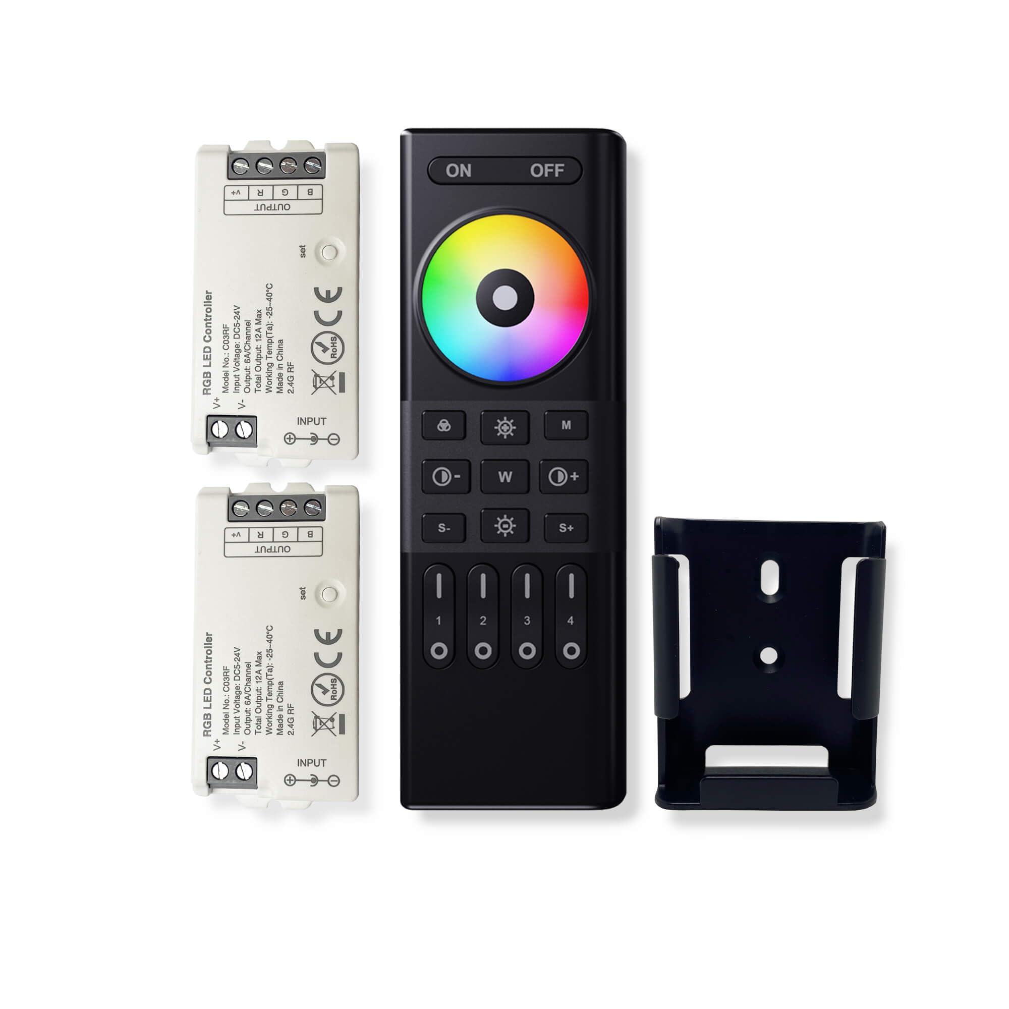 2.4GHz Wireless 4 Zone RF Remote Control+2 Pcs RGB LED Controller Kit,Group Control/Individual Control 5050SMD FCOB COB 4Pin (+V R G B) RGB LED Strip DC5V DC12V DC24V Dimming Color Changing