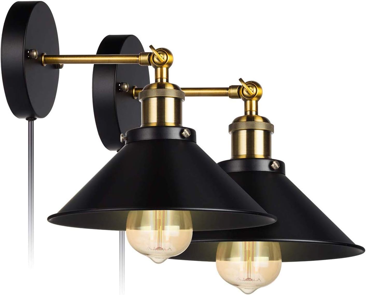 Retro Wall Sconces Light Wall Lamp Plug in Cord with On Off Switch E26 Base Black Wall Industrial Vintage Edison Lamp Fixture Steel Finished for Indoors Bedroom 2-Pack