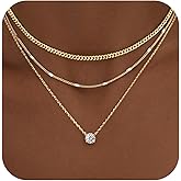 WomenGifts Layered Gold Necklaces for Women, 14K Gold Sterling Silver Plated Dainty Pendant Necklace Set with Cubic Zirconia Circle, Chunky Stackable Cuban Chain Choker, Trendy Personalized Birthstone Jewelry Gift Non Tarnish