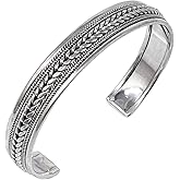 VN Jewelry Men's Silver Bangle Bracelet Open Cuff Braided Details - Classic 925 Sterling Silver bangle cuff Wristband For Men