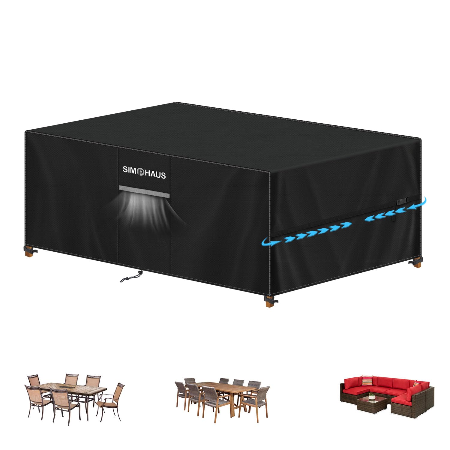 SIMPHAUS Waterproof Garden Furniture Cover 420D Oxford Fabric Large Outdoor Cover with Air Vent for Rattan Table Set, Anti-UV, Rainproof, Covers for Patio Furniture 210x110x74cm