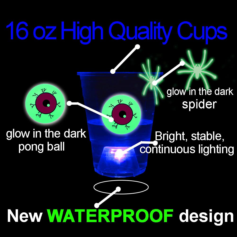 (Eyeball) The Halloween Glow in The Dark Beer Pong Set-Light up Beer Pong Cups for Indoor Outdoor Nighttime Competitive Fun,22 Glowing Cups(11 Green &11 Blue), 6 Glowing Balls- Party Game