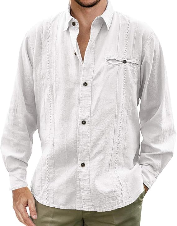 Mens Guayabera Shirt Cuban Linen Long Sleeve Button Down Shirts Collared Tees Beach Plain Tops