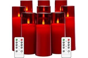 kakoya Flickering Flameless Candles Battery Operated with Remote and 2/4/6/8 H Timer Plexiglass Led Pillar Candles Pack of 9 (D2.3 xH 5" 6" 7") with Realistic Moving Wick Candles for Home Decor(Red)