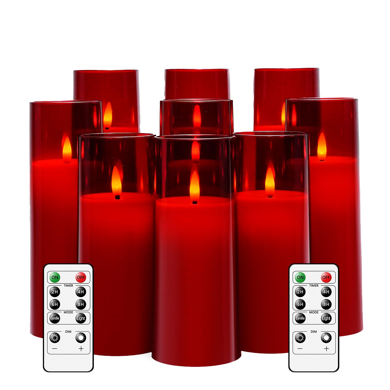 Photo 1 of kakoya Flickering Flameless Candles Battery Operated with Remote and 2/4/6/8 H Timer Plexiglass Led Pillar Candles Pack of 9 (D2.3 xH5.5 6.5" 7.5") with Realistic 3D Wick Candles for Home Decor(Red)