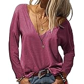 Danedvi Women Fashion Deep V-Neck Long Sleeve Tops Solid Casual Loose Basic T Shirt
