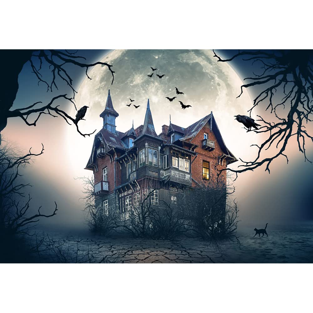 Aoihrraan 9x6ft Horror Haunted House Backdrop Mid Night Bright Full Moon Bats Gloomy Trees Halloween Photography Background Kids Trick or Treat Party Decor Children Portrait Photo Studio Props