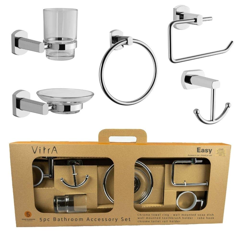 Vitra Bathroom Accessory Set - 5 Piece Bathroom Accessory Pack - Includes Wall Mounted Chrome Towel Ring and Toilet Roll Holder, Soap Dish, Toothbrush Holder and Bath Robe Hook - Chrome