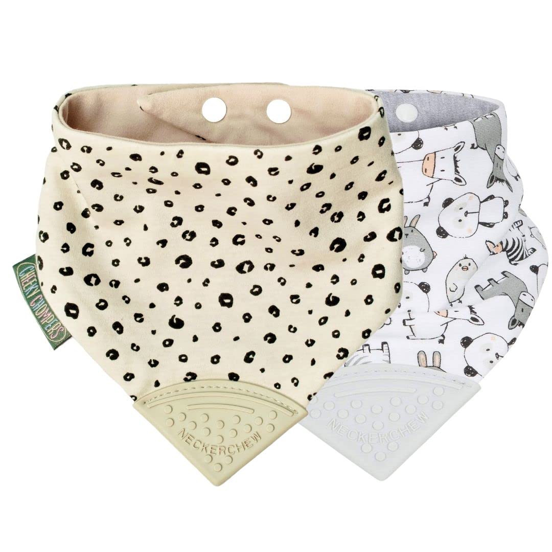 Cheeky Chompers Baby Bibs with Teether | 2 months+ Teething Bibs, Toddler Bibs | Reversible Dribble Bib & Baby Teether | Multi-Award Winning Neckerchew (Leopard & Panda, 2 Pack)