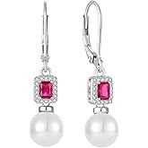 Inpasne Pearl Drop Earrings Dangling 925 Sterling Silver Emerald Cut Leverback Earrings Birthstone Jewelry for Women