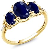 Gem Stone King 2.94 Cttw 10K Yellow Gold Blue Sapphire and Diamond 3-Stone Engagement Ring | Gemstone Birthstone | 3 Stone Wedding Anniversary Promise Ring For Women