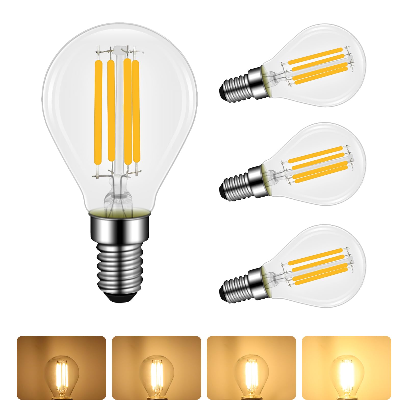 4 Pack 4W E14 LED G45 Filament Bulb Dimmable, Warm White 2700K, 40W Equivalent, Small Edison Screw, 400lm, E14 LED Vintage Glass Globe Bulb, Transparent, Energy Saving Light, for Chandelier, Desk Lamp