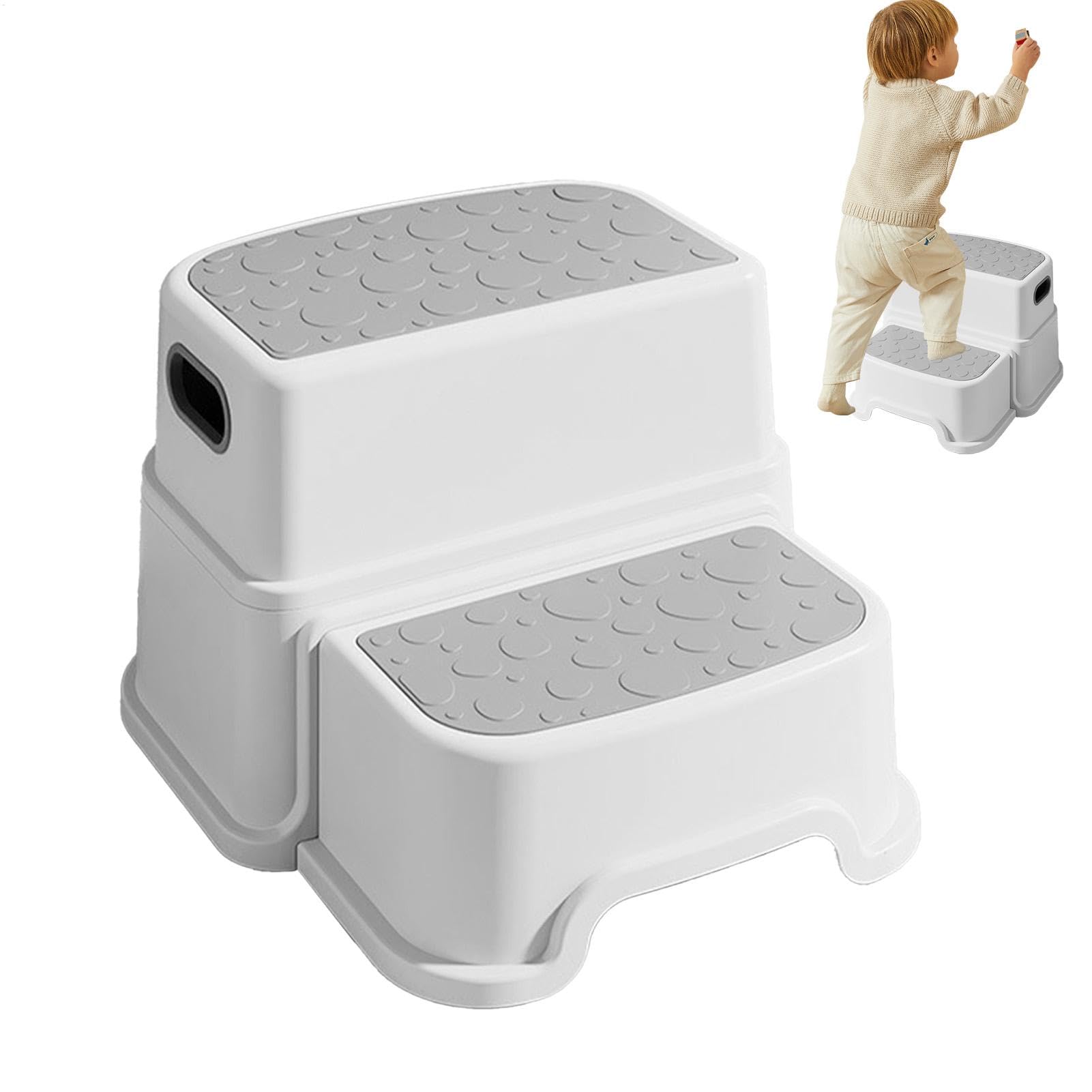 Photo 1 of 2-Pack Step Stools Kids, Double Layer Non-Slip Potty Steps, 14.57x12.99x9.25 inches, Multi-Function Toilet Stool, Toddler Ladder for Bathroom, Bedroom, Kitchen Sink, Toilet/Gray, Green